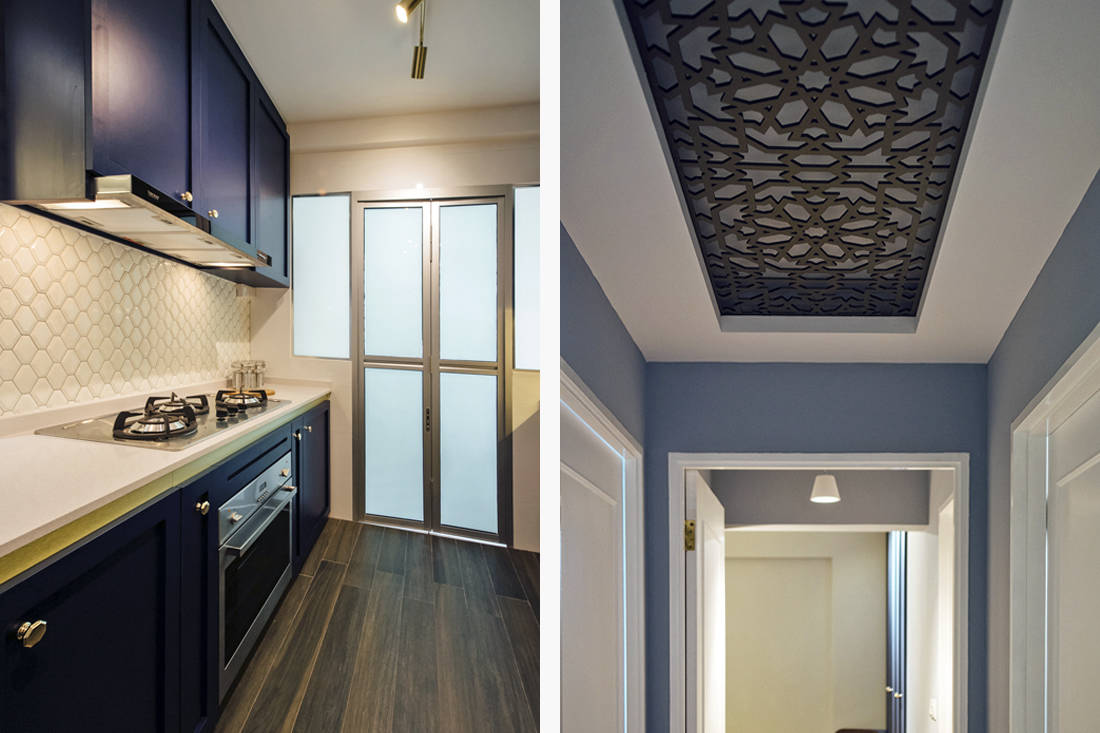 Modern Moroccan Hdb Flat Kitchen Backsplash And Ceiling Feature By